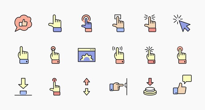 Click Set of Buttons related Vector Icons. Contains such Icons as Cursor, Mouse, Hand, Index Finger, Arrow and more. Editable Stroke. 32x32 Pixel Perfect