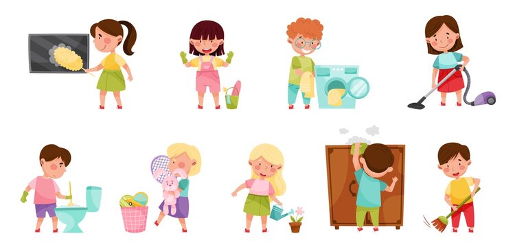 Kid Characters Cleaning Room and Doing Household Chores Vector Illustration Set