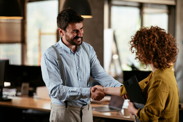 Colleagues in office. Businesswoman and businessman handshake in office...