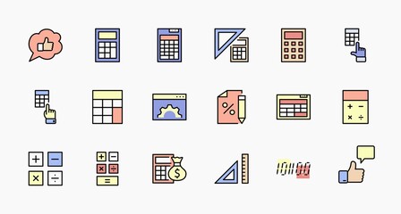 Set of Calculation Vector Line Icons. Contains such Icons as Calculator Icon, Pencil, Click, Money Bag, Percent symbol, Square and Ruler. Editable Stroke. 32x32 Pixel Perfect.