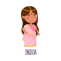 Cute Girl Wearing National Costume of India Vector Illustration