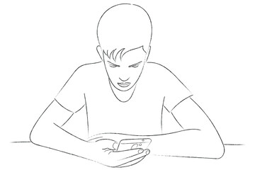 Sketch of a portrait of a guy who sits at the table and looks at the phone screen