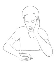 Sketch portrait of a guy who sits at a table with a phone in his hand thinking about something