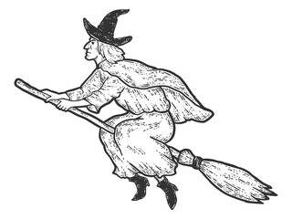 Halloween, witch flies on broomstick. Sketch scratch board imitation.