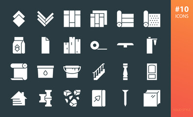 Construction materials solid icon set. Set of floor materials, ceramic tile, oak parquet, linoleum roll, laminate, floor boards, wooden stairs, house facade siding, sealant, paint can glyphs icon