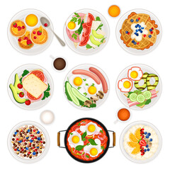 Breakfast Food with Pancakes and Scrambled Eggs Served on Plate Above View Vector Set