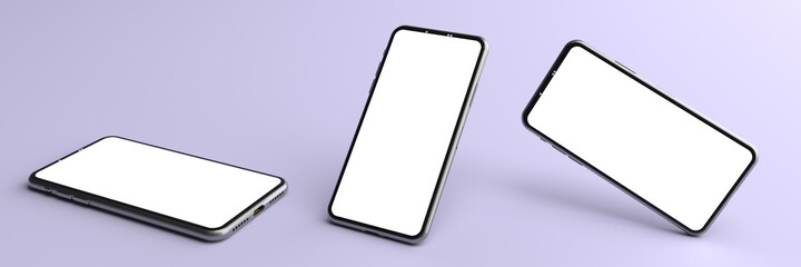 3D rendering. The mockups Smartphones white screen on violet floor, Mobile phone lay down on the ground. Smartphones white screen can be used for commercial advertising, Isolated on violet background.