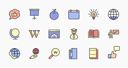 Wikipedia's birthday Set Line Vector Icon. Contains such Icons as Wikipedia, Open Book, Teacher, Blackboard, Pointer, Web Globe, Directory, Search, Lamp, Calendar. Editable Stroke. 32x32 Pixel Perfect