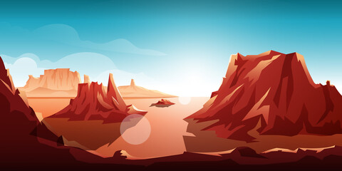 Naklejka na ściany i meble Illustration sunrise mountain cliff in the desert