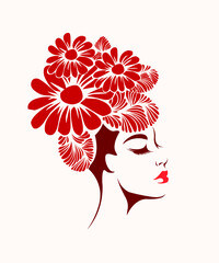 Beautiful woman with elegant makeup and flowers wig.Beauty and hair salon illustration.Cosmetics and spa icon.Young lady portrait.Cute girl face isolated on light background.Decorative style.