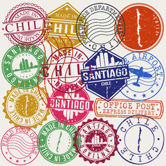 Santiago de Chile Set of Stamps. Travel Stamp. Made In Product. Design Seals Old Style Insignia.