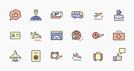 Set of Airport Related Vector Line Icons. Contains such Icons as Globe, Departure, Plane, Bus, Tickets, Baggage Claim, Calendar, Kit and more. Editable Stroke. 32x32 Pixels.