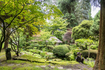 Scenic corner of Japanese Garden with Tea House in Tatton Park, UK.