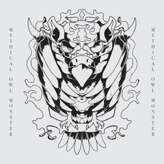 detailed vector line art of mythical owl monster