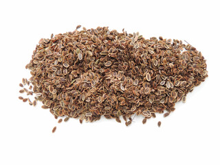 A handful of dill seeds in close - up isolated on a white background.