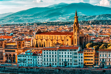 Fototapeta na wymiar Beautiful landscape above, panorama on historical view of the Florence from Piazzale Michelangelo point. Italy.