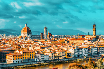 Beautiful landscape above, panorama on historical view of the Florence from  Piazzale Michelangelo point. Morning time.