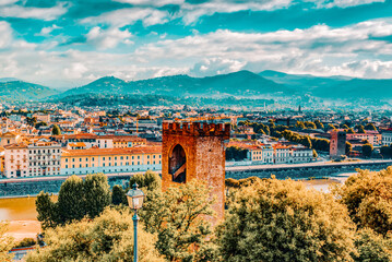 Beautiful landscape above, panorama on historical view of the Florence from  Piazzale Michelangelo...