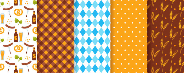 Oktoberfest background. Octoberfest seamless pattern. Vector. Prints with rhombus, beer, pretzel, wheat, plaid and polka dot. Set of Bavarian diamond texture. Germany wallpaper. Color illustration.