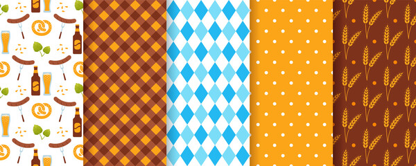Oktoberfest background. Octoberfest seamless pattern. Vector. Prints with rhombus, beer, pretzel, wheat, plaid and polka dot. Set of Bavarian diamond texture. Germany wallpaper. Color illustration. © Iryna