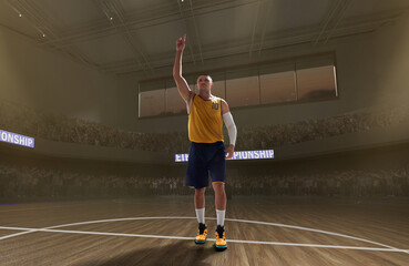 Basketball players on big professional arena during the game.