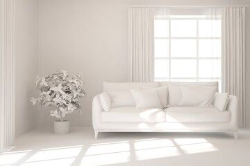 Stylish minimalist room with sofa in white color. Scandinavian interior design. 3D illustration