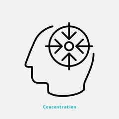 Concentration, focus in head line icon, outline vector sign, linear pictogram. Metaphor of concentration thinking concept. Work and learning efficiency. Editable stroke.