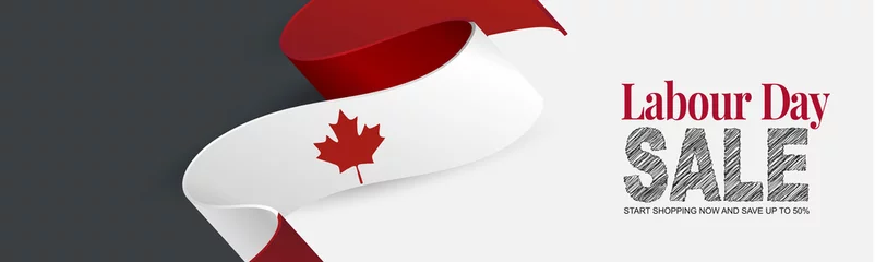 Fotobehang Canada Labour Day  sale banner. or header or header Canadian waving ribbon flag background. National workers holiday concept. Vector illustration. © Natalie Adams