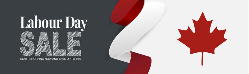 Canada Labour Day  sale banner. or header or header Canadian waving ribbon flag background. National workers holiday concept. Vector illustration.