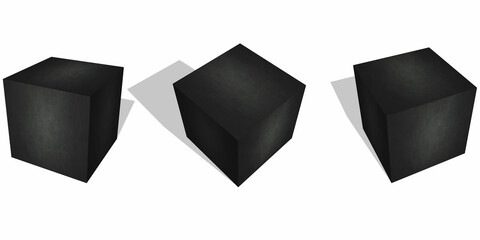 Black Metal cube. Three variations of a geometric shape. Isolated object. 3D rendering