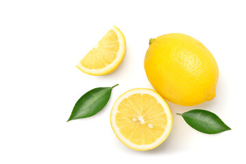 Flat lay (top view) of lemon with sliced and green leaf isolated on white background.