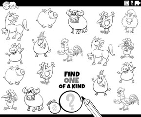 one of a kind game with farm animals coloring book page