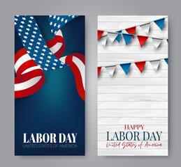 Labor Day poster or banner set. USA national federal holiday flyer design. American flag background. Realistic vector illustration.