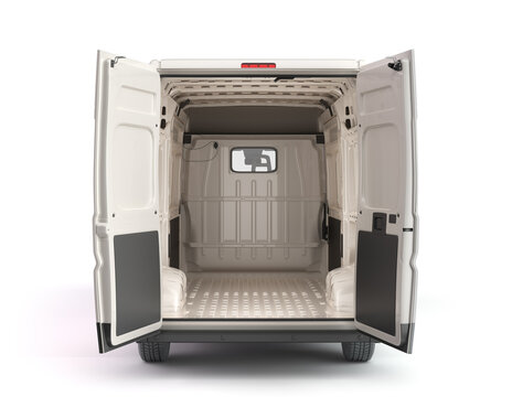 Open back of White Delivery Van Icon 3d render on white