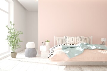 Pink stylish minimalist bedroom. Scandinavian interior design. 3D illustration