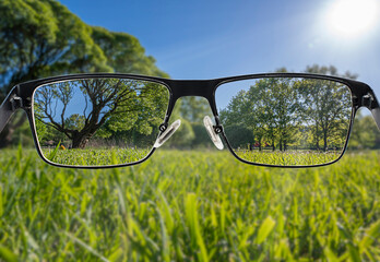 Focused image of landscape. Better vision concept. Through glasses frame. Colorful view of...