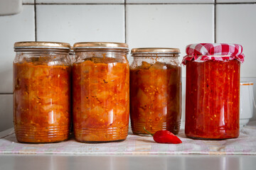 Fototapeta na wymiar Tomatoes and peppers are ready for canning, canning in jars