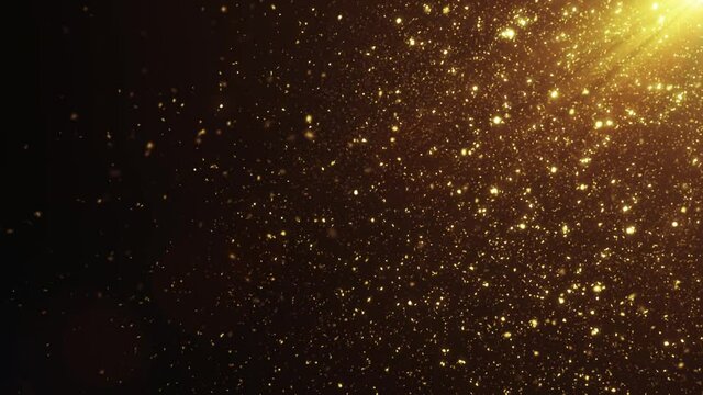 Beautiful Seamless Gold Shimmering Particles In The Air with Lens Flares, Black Background, Slow Motion. Bright Dynamic Particles Floating in the Wind with Bokeh 3d Animation. 4k Ultra HD 3840x2160