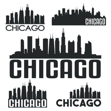 Chicago Illinois USA Flat Icon Skyline Silhouette Design City Vector Art Famous Buildings Color Set.