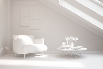 Stylish minimalist room with armchair in white color. Scandinavian interior design. 3D illustration