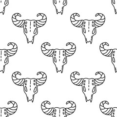 Seamless vector pattern with hand drawn boho buffalo skull