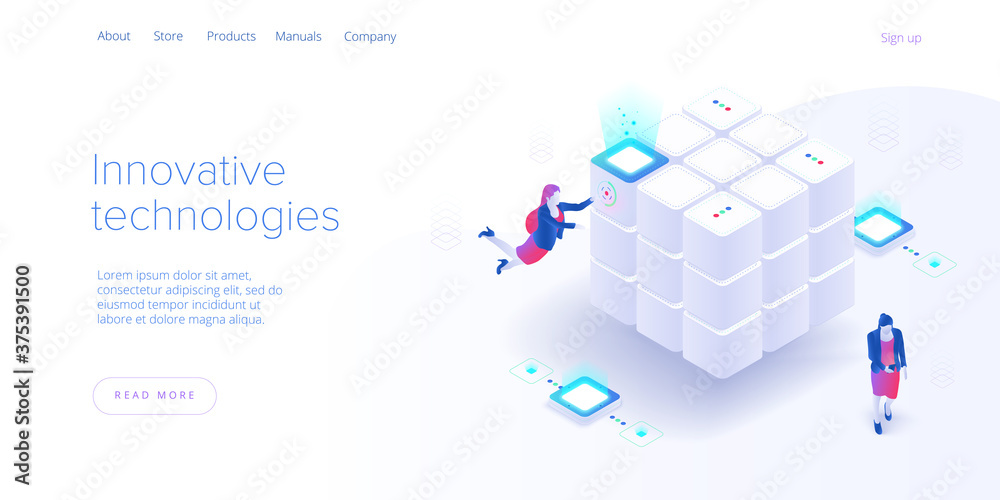 Wall mural big data technology in isometric vector illustration. information storage and analysis system. digit