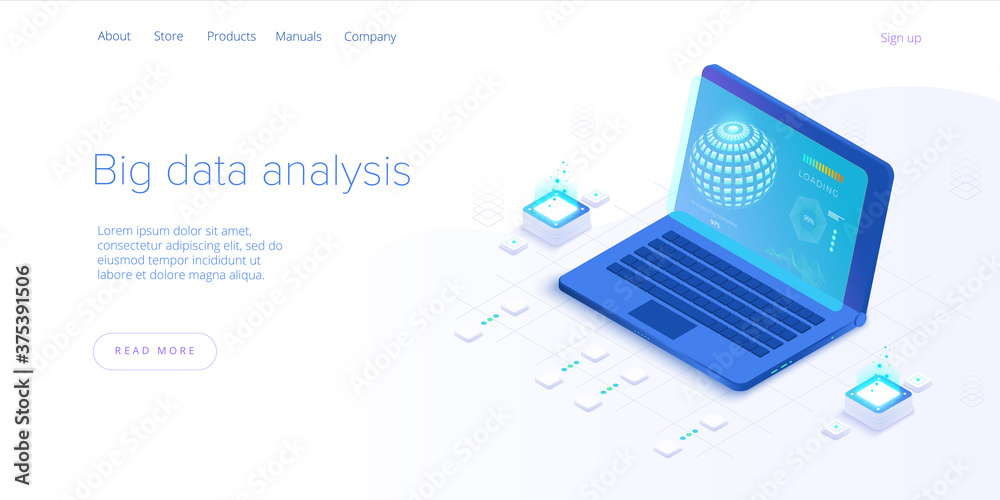 Wall mural big data technology in isometric vector illustration. information storage and analysis system. digit