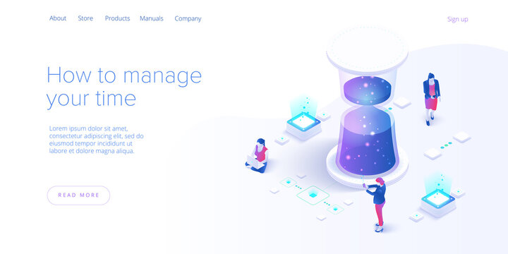 Effective time management isometric vector illustration. Woman prioritizing tasks or organization for effective productivity. Job schedule optimization concept. Web banner layout template.