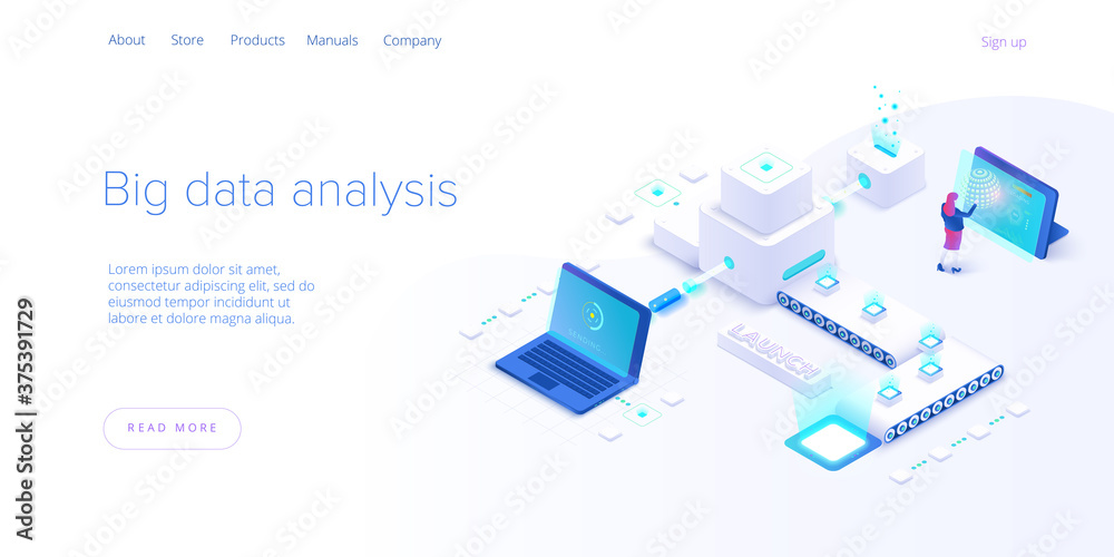 Wall mural big data technology in isometric vector illustration. information storage and analysis system. digit