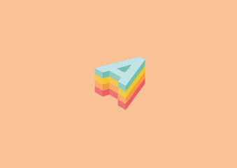 Vectorial isometric image.  Four letters pastel colored one over another. The letters colors are red, yellow, orange and light blue. The background is light pastel orange