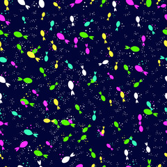 pattern silhouettes of colorful fish on black  background
