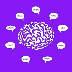 Vector illustration of white color human brain  over the question on purple background. Seeking answer cartoon brain concept. Flat style design of character brain