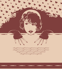 Portrait of smiling girl with blank board and decorative hearts. Vector illustration with copy space for your text.