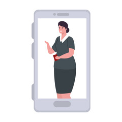 aircraft stewardess in smartphone, app online travel vector illustration design